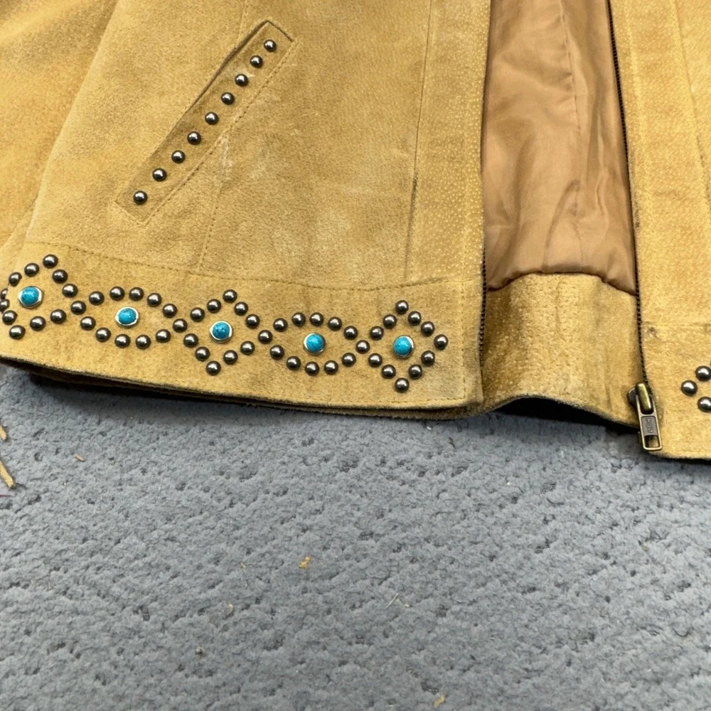 Scully Leather Fringe Jacket Womens XL Tan Suede Studded Turquoise Western Boho